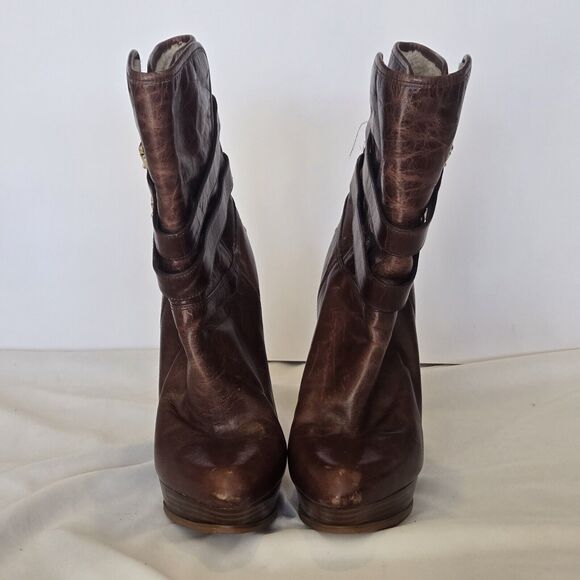 Michael Kors Distressed Leather Mocha Mae Platform Shearling Boots Size 8.5 - Picture 3 of 9